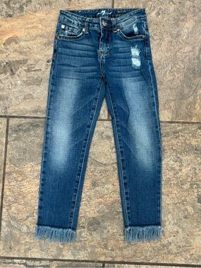 7 For All Mankind Medium Dark Blue Distressed Ankle Crop Jeans with Frayed Hem